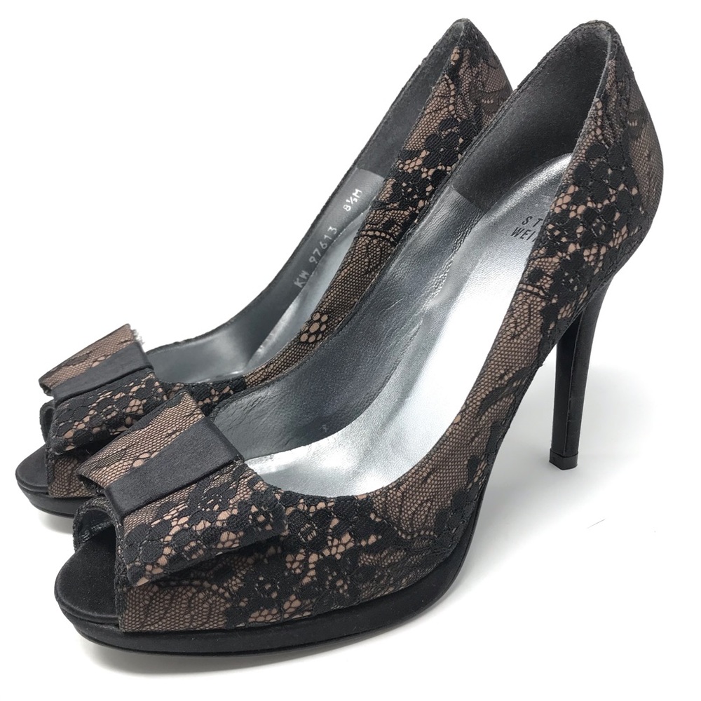 Stuart Weitzman Lace Bow Peep Toe Pumps 8.5